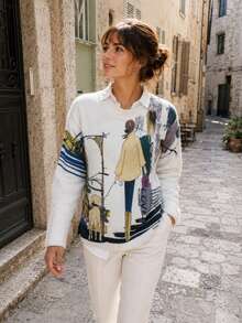 Women's Fashion Long Sleeve Crew Neck Wool Texture Pullover Sweater, Unique Printed Pattern, Regular Length, Winter Style - Off-white - View 3