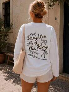 Plus Size Women's Leopard "Daughter Of The King" Bow & Bible Verse Graphic Long Sleeve Tee, Moderate Stretch Crewneck Loose Casual Fall Top - White - View 4