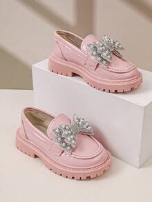 Girls' Shiny Loafers With Rhinestone Pearl Bow Princess Shoes, Thick Sole Slip-On Shoes - Pink - View 4