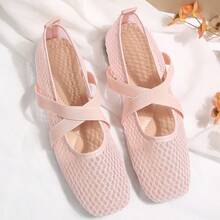 Women's Pink Square Toe Hollow Mesh Mary Jane Shoes, Low Vamp, Breathable, Cross Strap, Gentle Style, Flat Ballet Shoes - Pink - View 8