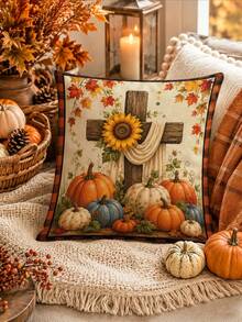 Autumn Thanksgiving Rustic Style Cross Sunflower Pumpkin Maple Leaf Plaid Table Runner Pillow Placemat Kitchen Dining Table Decor - Multicolor - View 7