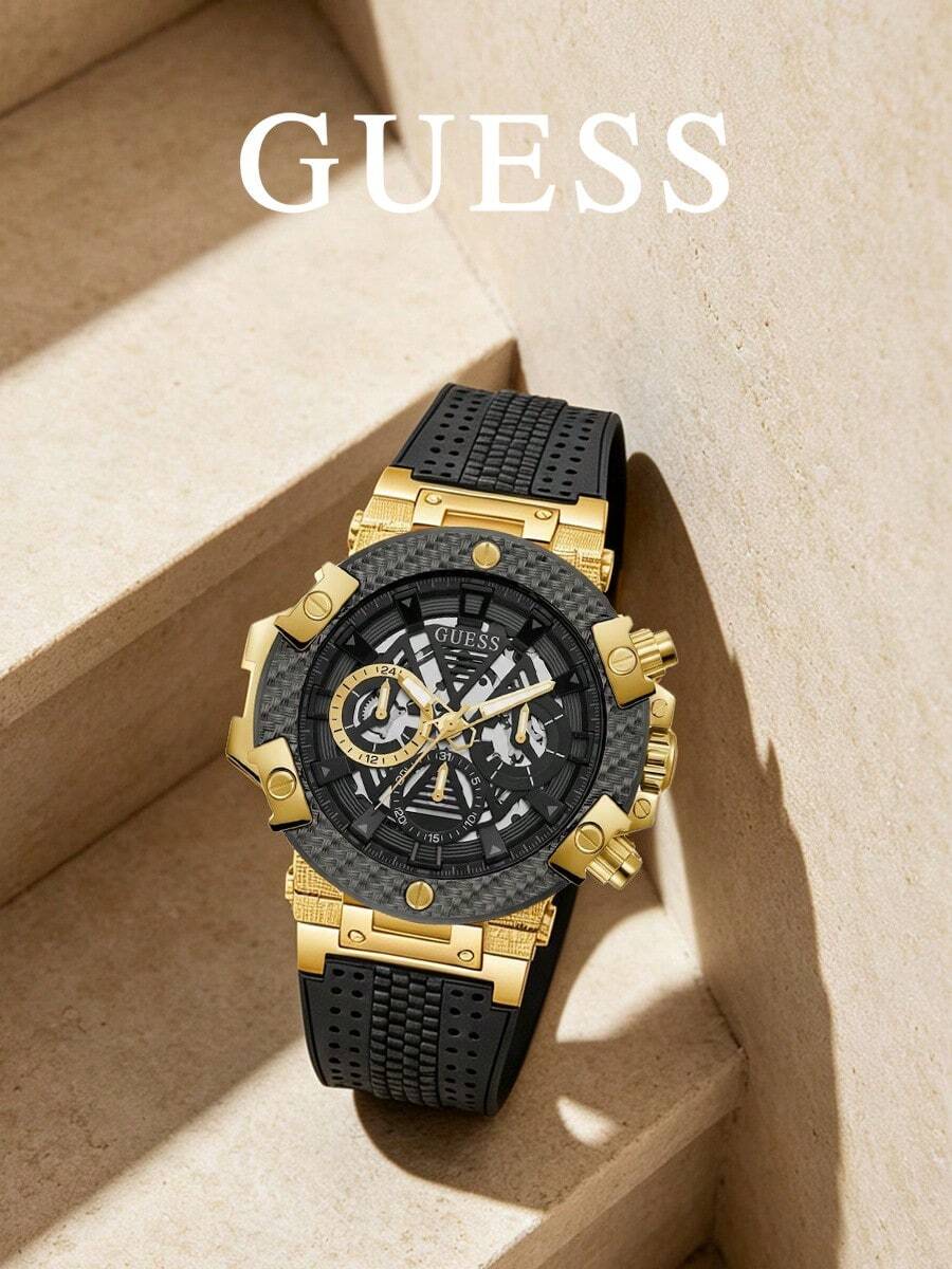 GUESS GW0486G2 男士石英計時腕錶,金色錶殼、碳纖維錶圈、黑色穿孔混合錶帶、鏤空錶盤運動風格時尚腕錶 - GW0486G2 - 查看 1