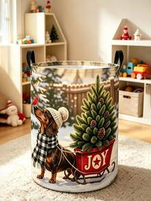 Laundry Basket/Dirty Clothes Basket,Storage Boxes In Bedrooms And Bathrooms, Joyful Dachshund Decor Pattern-Foldable Circular Clothes Basket - Multicolor - View 3