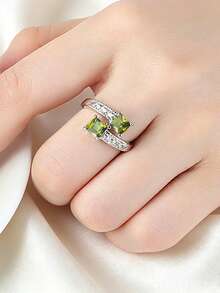 MONALLY Luxury Women's Bypass Open Ring Double Square Olive Green Cubic Zirconia Micro Paved Statement Jewelry Birthday Gift Band Daily Wear Party - Ring - View 2