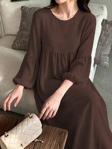 Solid Color Loose Fit Pleated Abaya, Bell Sleeve Round Neck Elegant Islamic Long Dress, Suitable For Middle Eastern Women's Daily Home Wear - Multicolor - View 29