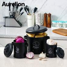 Aurelion 3 PiecesMatte Black Metal Vegetable Storage Canister Set, Potato Onion Garlic Keeper With Lid & Handle, Ventilated Kitchen Countertop Food Storage Bins - Black - View 4