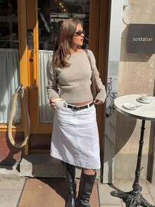 Women's Fashion Short Pullover Sweater Long Sleeve Knit Top With Cuffed Design Winter Outfit - Khaki - View 5