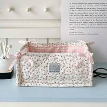 Quilted Storage Basket With Bow Decor, Fashionable Desktop Organizer Box, Large Capacity Floral Polka Dot Pattern Storage Bin, Suitable For Bedroom Vanity To Store Skincare Products And Miscellaneous Items, Foldable Home Storage Basket - Multicolor - View 17
