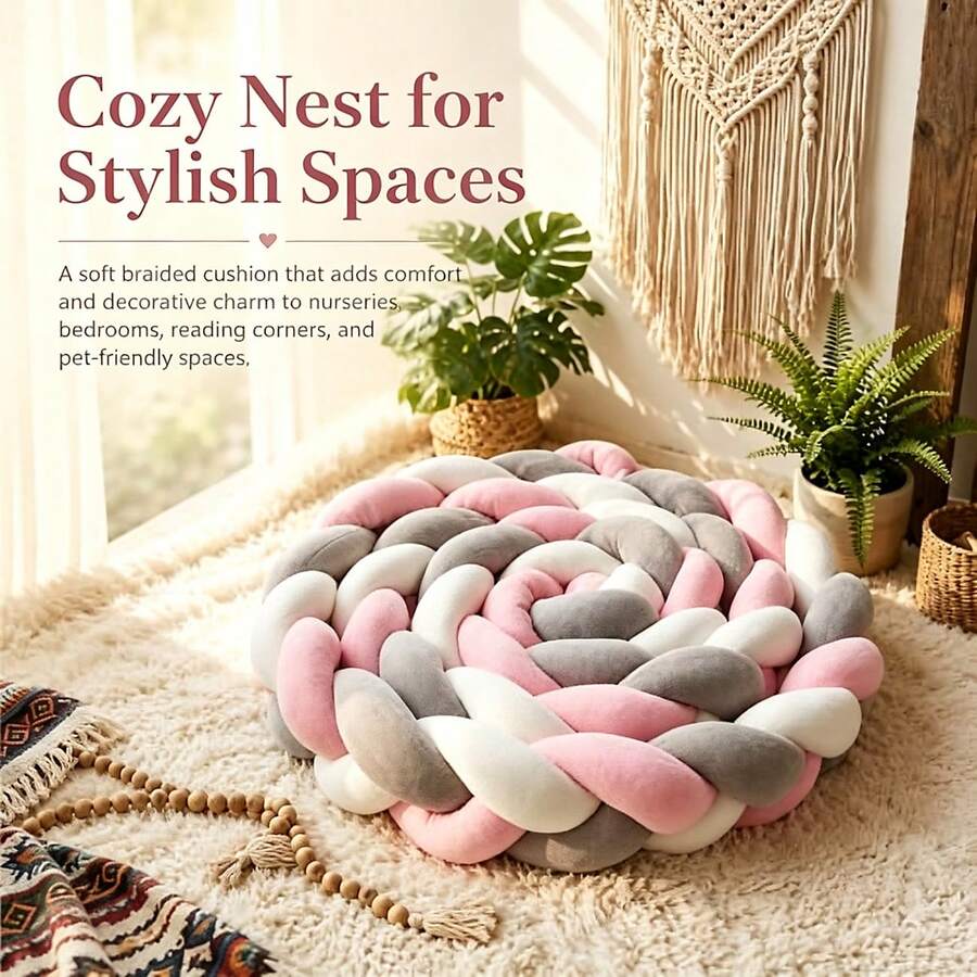 Hand-Woven 3-Strand Braid Seat Cushion, Knotted Pillow, Long Rope Cushion, Plush Home Decor - A - View 1