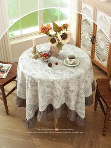 1pc Colorblock Ruffle Edge Tablecloth, Floral Print, Autumn/Winter Atmosphere, Farmhouse Style, Suitable For Dining Table Decor, Picnic Tablecloth, Holiday Celebration, Party Gathering, Birthday Banquet, Daily Dining Table, Kitchen And Dining Room Decoration, All Seasons, Home Decor - Silver - View 4
