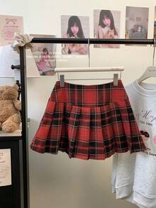 Brown & Black Plaid Pleated Mini Skirt, High Waist A-Line Slimming Fit, Campus & Commute Style, Japanese JK Girl Skirt - Red - View 6