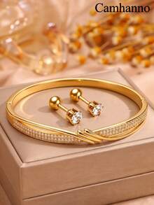 Camhanno 3pcs Luxury Double-Layer Twisted Rhinestone Stainless Steel & Copper 18K Gold Plated Bracelet And Earrings Set, Gentle Casual Commute Versatile - Gold - View 1