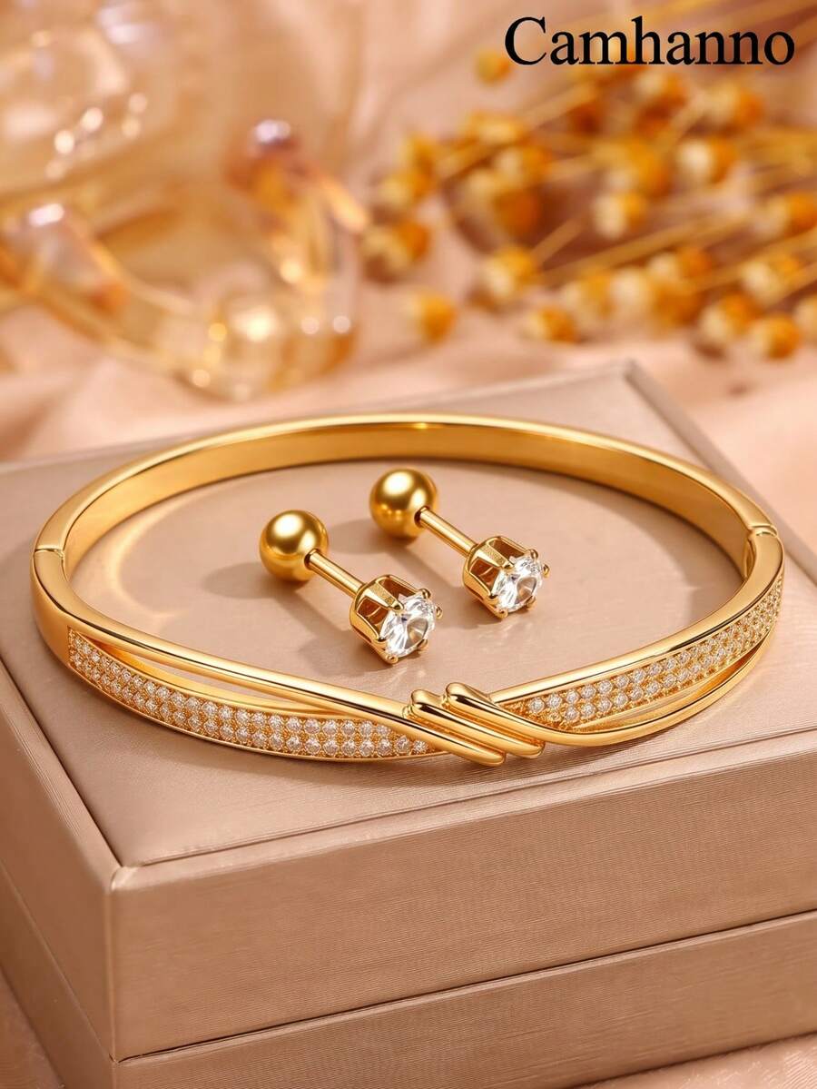 Camhanno 3pcs Luxury Double-Layer Twisted Rhinestone Stainless Steel & Copper 18K Gold Plated Bracelet And Earrings Set, Gentle Casual Commute Versatile - Gold - View 1