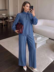 Women's Fashion Stand Collar Ribbon Blouse & Wide Leg Pants Set, Petal Sleeve With Cuffed Design, Draped Commuter Elegant 2 Pieces Outfit - Blue - View 1