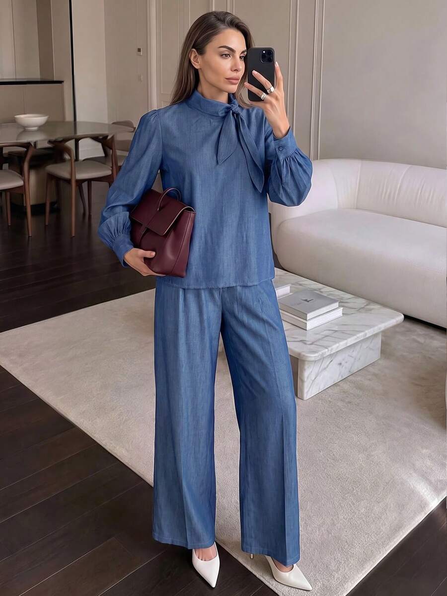 Women's Fashion Stand Collar Ribbon Blouse & Wide Leg Pants Set, Petal Sleeve With Cuffed Design, Draped Commuter Elegant 2 Pieces Outfit - Blue - View 1