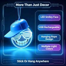 1Pc Cool Smiling Face Car Hanging Neon Light With Hat, USB Rechargeable LED Auto Rearview Mirror Pendant Lamp, Colorful Glowing Interior Decor Ornament - Multi-color light - View 5