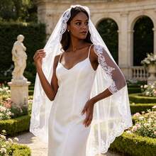 1pc Single Layer Lace Bridal Veil Mantilla Simple Long Bridal Hair Accessory With Hair Comb - Multicolor - View 1