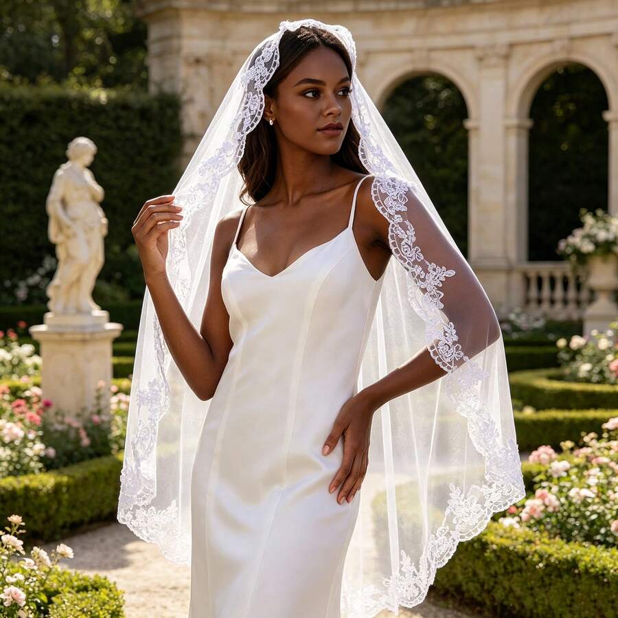 1pc Single Layer Lace Bridal Veil Mantilla Simple Long Bridal Hair Accessory With Hair Comb - Multicolor - View 1