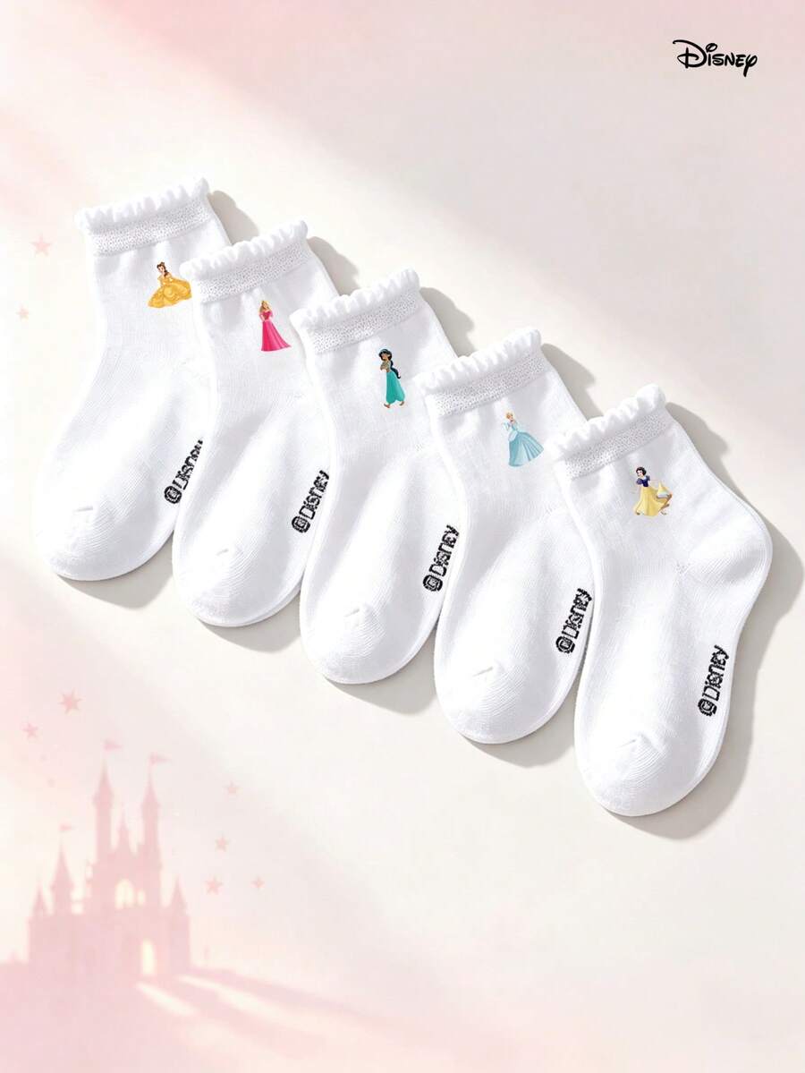 5 Pairs Girls Disney Princess Aurora, Belle, Cinderella, Snow White, Jasmine Printed Ruffle Short Socks, Soft Breathable High Elastic Comfortable, Suitable For Daily Home And School Wear - Multicolor - View 1