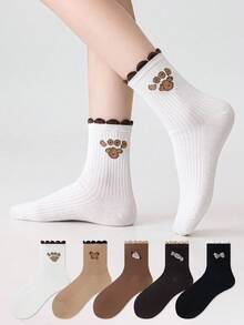 ZUJO 5 Pairs Women's Mid-Calf Socks, Maillard Brown, Bow, Candy, Cartoon Puppy Patterns, Comfortable Breathable Warm, Suitable For Spring, Autumn, Winter Daily Wear, Random Color Shipment - Multicolor - View 2