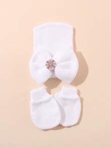1 Set Newborn Baby Girl Striped Rhinestone Bow Hat + Anti-Scratch Mittens Set, Soft Elastic Breathable Warm Baby Accessories, Suitable For 0-3 Months, Perfect For Daily Wear, Photo Shoots And Parties - 1Set - View 9