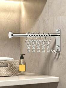 1pc Wall-Mounted Drying Rack, Stainless Steel Foldable Telescopic Clothes Rod, Pull-Out Hanging Rod, Storage Organizer, Space-Saving Wall-Mounted Design, Suitable For Closet Storage, Bathroom, Laundry Room - Multicolor - View 6