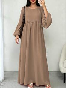 Solid Color Loose Fit Pleated Abaya, Bell Sleeve Round Neck Elegant Islamic Long Dress, Suitable For Middle Eastern Women's Daily Home Wear - Multicolor - View 31