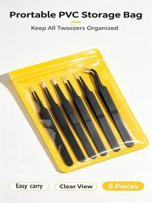 ESD Anti-Static Tweezers Set, 6pcs Stainless Steel Precision Tweezers, Curved And Straight Fine Point Tips, Suitable For Electronic Repair, Nail Art, DIY Crafts - Black - View 3