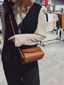 Solid Color Minimalist Flap Closure Women's Bag, Fashionable Versatile PU Material Shoulder Crossbody Bag, Suitable For Women's Daily Use And Commuting - Brown - View 5