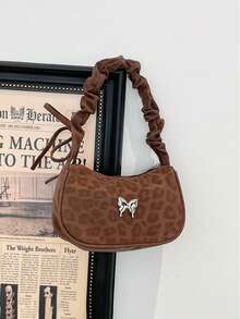 1pc Vintage Style Leopard Print Shoulder Bag, Ruched Strap With Metal Butterfly Decor Crescent Bag, Faux Suede Zipper Underarm Bag, Lightweight Handbag, Suitable For Girls/Children/Students, Applicable For Daily Commute/Street Outing/Shopping Date/ Outfit - Multicolor - View 1