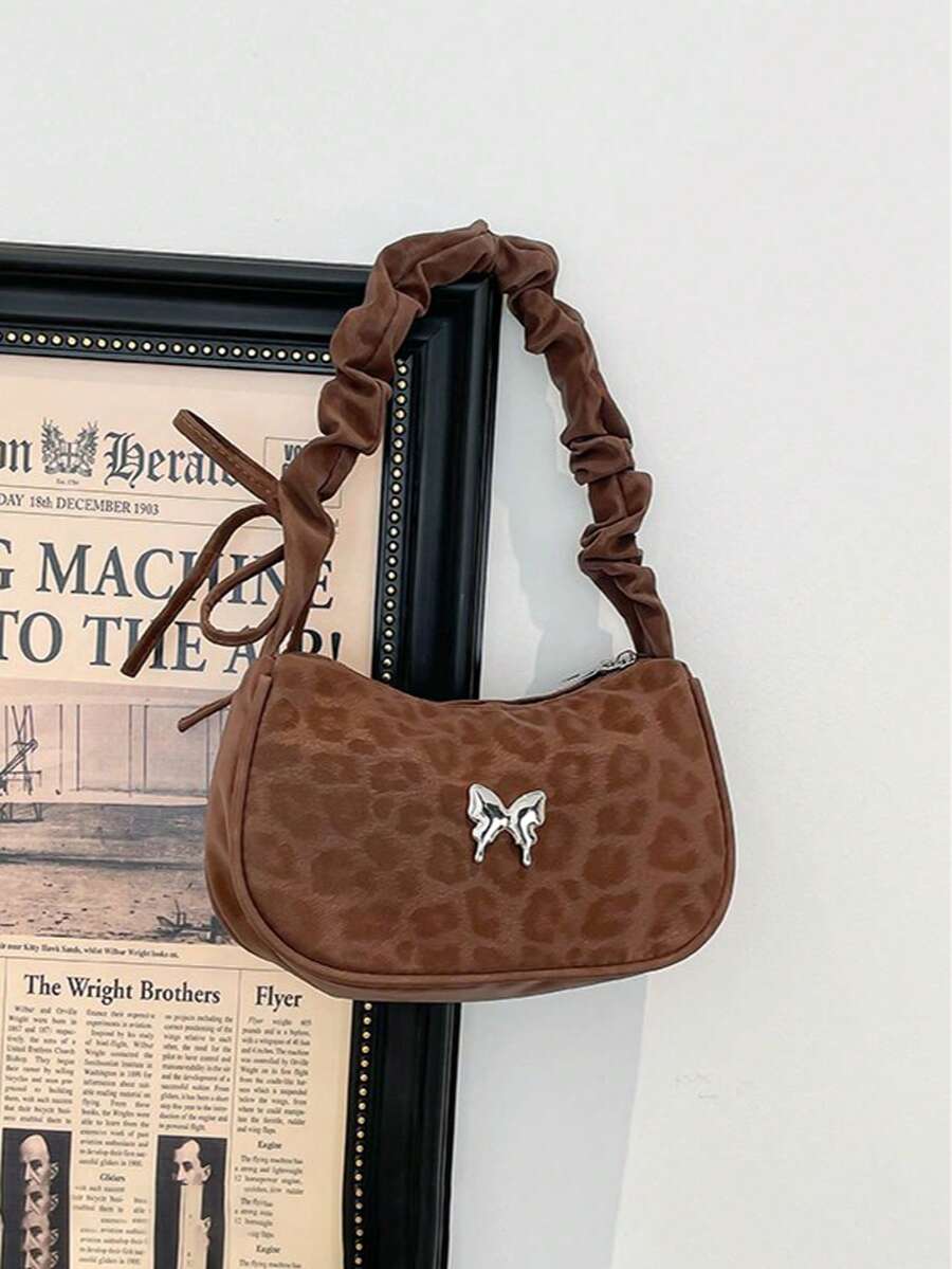 1pc Vintage Style Leopard Print Shoulder Bag, Ruched Strap With Metal Butterfly Decor Crescent Bag, Faux Suede Zipper Underarm Bag, Lightweight Handbag, Suitable For Girls/Children/Students, Applicable For Daily Commute/Street Outing/Shopping Date/ Outfit - Multicolor - View 1