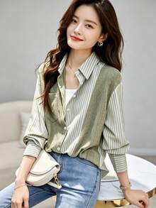 YUXIN Áo sơ mi nữ phối patchwork kẻ sọc, tay dài dệt kim phối màu block xanh lá, cài nút trước, thiết kế độc đáo, áo kiểu casual mùa thu, phù hợp đi làm văn phòng, mặc hằng ngày, dạo phố, cuối tuần - màu xanh lá - Xem 2