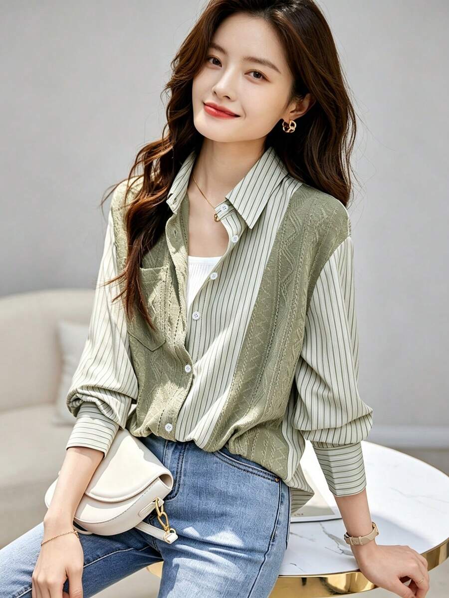 YUXIN Áo sơ mi nữ phối patchwork kẻ sọc, tay dài dệt kim phối màu block xanh lá, cài nút trước, thiết kế độc đáo, áo kiểu casual mùa thu, phù hợp đi làm văn phòng, mặc hằng ngày, dạo phố, cuối tuần
