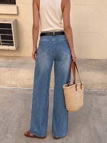 Denim Wide Leg Pants, Casual Fashion, Simple Versatile Daily Streetwear, Stylish For Women - Dark Wash - View 5