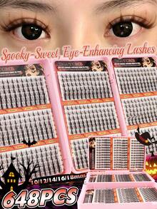 Halloween False Eyelashes Set, DIY Cartoon Maple Leaf Style Cluster Lashes, C Curl Brown/Black False Eyelashes, Transparent Stem Natural Realistic Effect, Reusable Multiple Times, Large Capacity Three-Fold Design, Suitable For Halloween/Cosplay/Music Festival Use - C - View 2