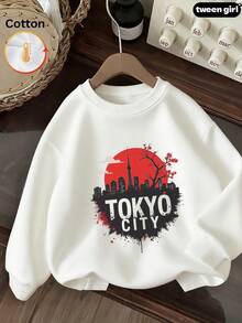 Kids Crew Neck Sweatshirt,Tokyo City Skyline Cherry Blossom Graphic Print Cotton Pullover For Kids - White - View 3