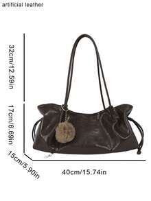 Vintage Drawstring Underarm Shoulder Tote Bag, Paired With Atmospheric Hanging Decorations, Suitable For Daily Commuting, Shopping, Dating, And Travel - Coffee - View 6