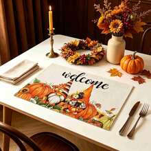 1/4/6pcs Autumn Series Little Elf Pumpkin Pattern Printed Placemats, Heat Resistant Table Mats For Home Kitchen/Dining Table Protection, Party Scene Decoration - Multicolor - View 2