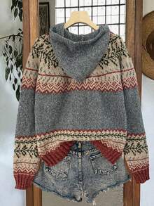 Women's Autumn/Winter Fashion Commuter Casual Comfortable Warm Grey Fair Isle Geometric & Floral Pattern Contrast Color Long Sleeve Hooded Loose Knit Pullover Sweater, Fair-Isle Vintage Jacquard Hooded Knit Sweater, European & American Ranch Style Nordic Vintage Striped Jacquard Hooded Sweater - Grey - View 7