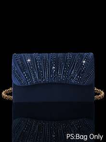 Luxury Rhinestone Women's Evening Bag, Shiny Pleated Envelope Clutch Party Bag, Matching Sparkling Rhinestone Heart Pendant 2 Pieces Set, Rhinestone Pendant Necklace And Earrings, Suitable For Party, Gathering, Ball, Evening Event, Wedding - Navy Blue - View 14