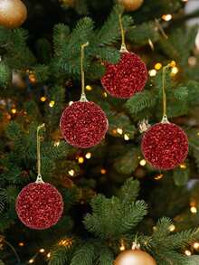 12PCS/6PCS Christmas Red & Gold Glitter Shiny Christmas Ball Hanging Ornaments, Christmas Tree Decor, Holiday Home Party Garland Accessories - Multicolor - View 6