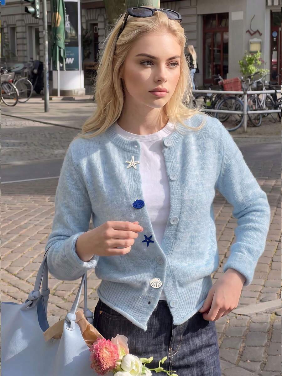 Autumn Outerwear Top, Cute Casual Warm Light Blue Knit CardiganShell And Starfish Button DesignBack To School Daily Date Long Sleeve Crew Neck Sweater - Blue - View 1