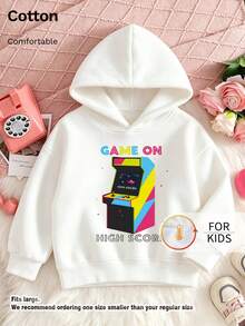 Tween Girl Hooded Sweatshirt, Game On Retro Arcade Game Machine Graphic Print Cotton Pullover, Soft Casual Long Sleeve Top For Tween Girl - White - View 1