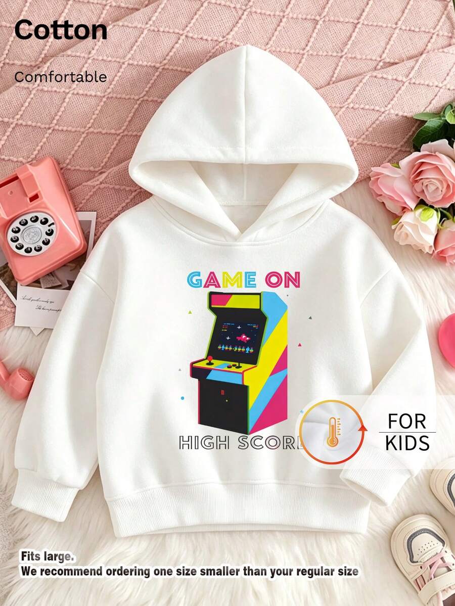 Tween Girl Hooded Sweatshirt, Game On Retro Arcade Game Machine Graphic Print Cotton Pullover, Soft Casual Long Sleeve Top For Tween Girl - White - View 1