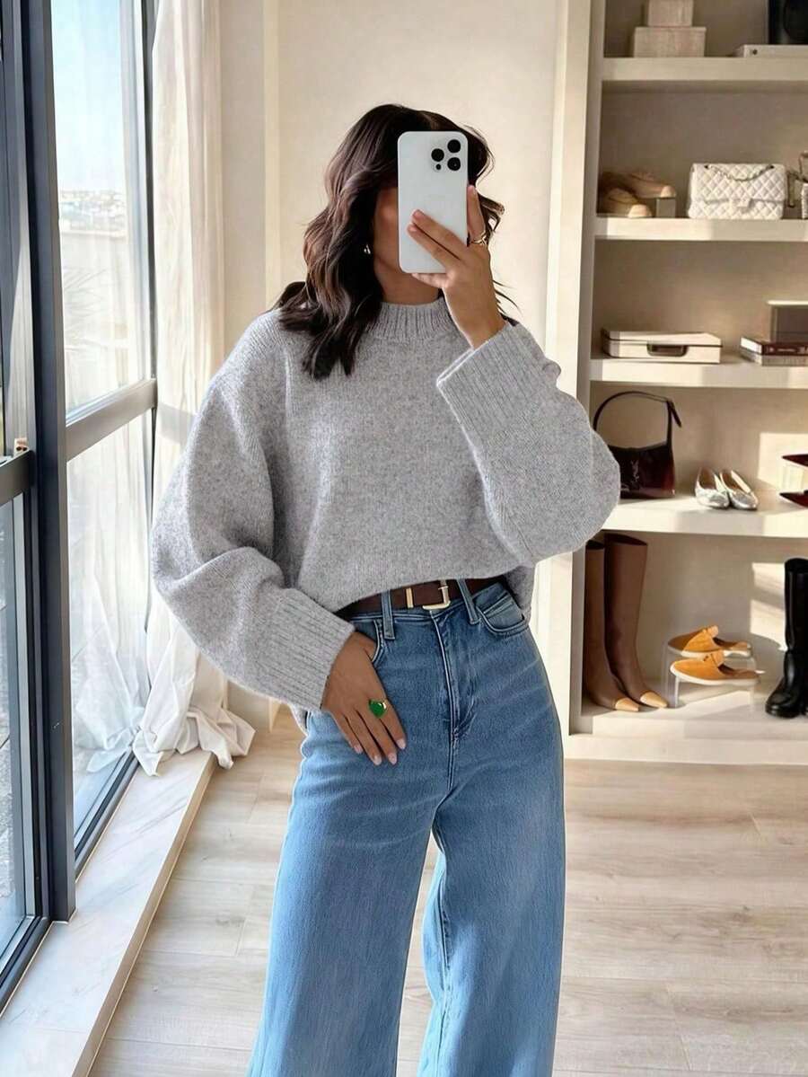 Casual Solid Color Drop Shoulder Loose Knit Sweater, Autumn/Winter Fall - Light Grey - View 1