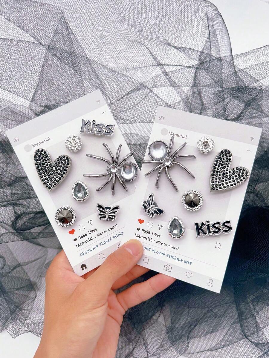 2/14pcs Punk Style Sandal Shoe Charms DIY Detachable Decorations, Spider, Heart, Butterfly, Water Drop Rhinestone Butterfly DIY Decor, Multi-Functional Shoe Clips, Suitable For Women's Sandals, Slippers, Beach Bags, Perfect Gift For Holidays And Birthday Parties - Multicolor - View 1