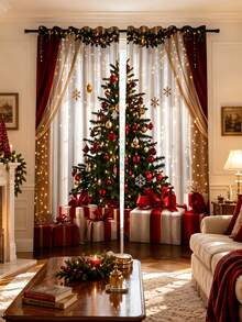 2 buah Tirai Dekoratif Bertema Liburan Natal, Motif Pohon Natal, Cocok untuk Dekorasi Rumah, Dekorasi Jendela, Dekorasi Suasana Rumah Liburan Natal - MultiWarna - View 2