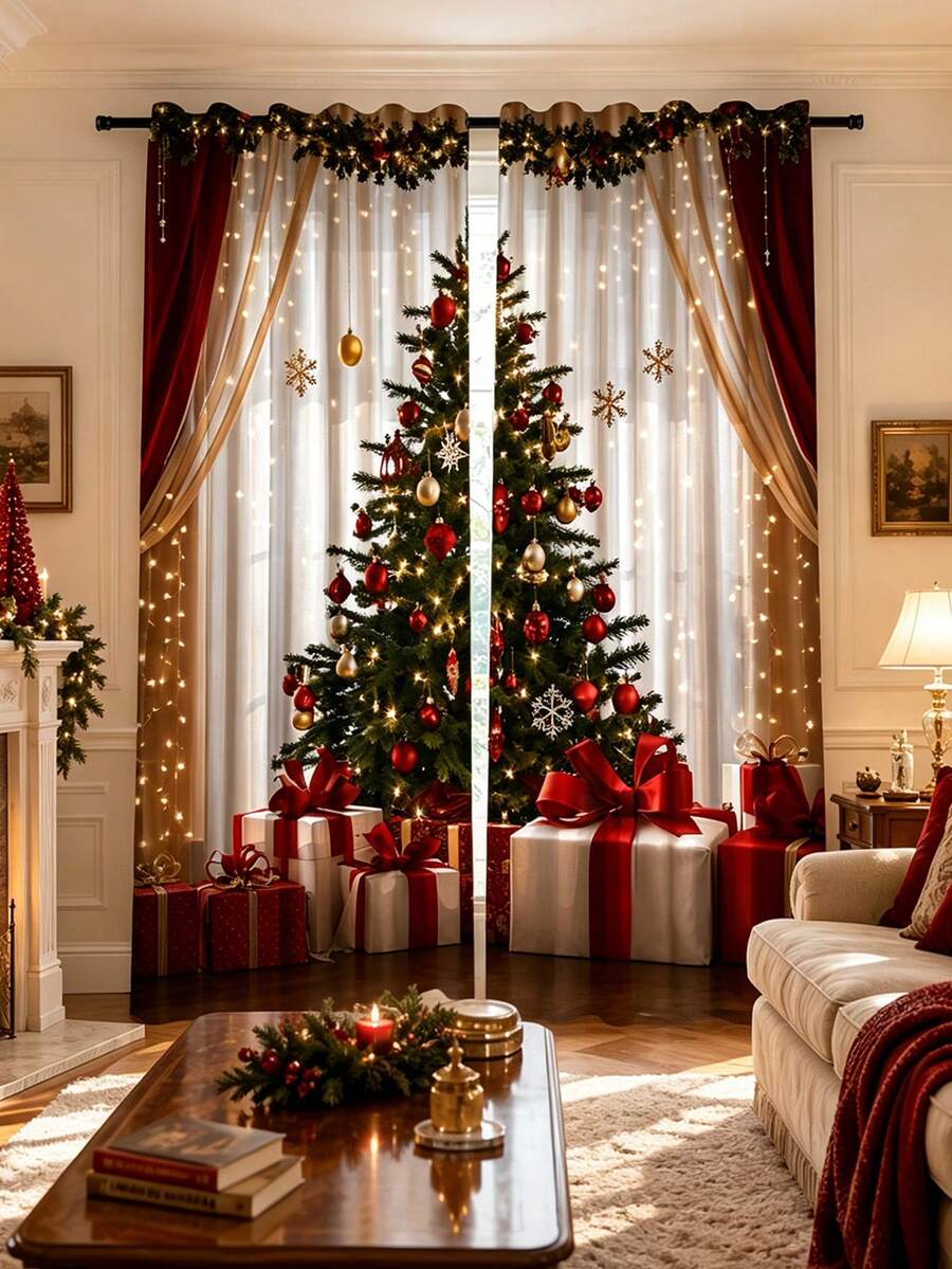 2 buah Tirai Dekoratif Bertema Liburan Natal, Motif Pohon Natal, Cocok untuk Dekorasi Rumah, Dekorasi Jendela, Dekorasi Suasana Rumah Liburan Natal