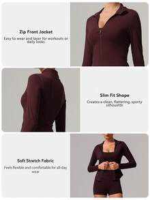 Women's Stand Collar Zipper Round Hem Slim Fit Sports Jacket - Red - View 3