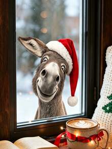 30*30 Christmas Donkey Static Window Sticker, Cute Tilted Head Donkey With Red Christmas Hat Design, Static Material No Glue Needed, Reusable, Suitable For Window, Home Glass Window Decoration, Create Warm And Fun Christmas Atmosphere, Creative Holiday Decoration Sticker For Christmas Home And Shop Scene Arrangement - Multicolor - View 8